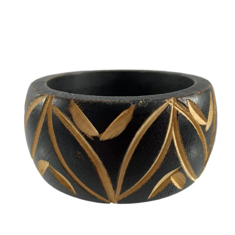 Wood Etched Bangle Bracelet Black Brown Leaf Pattern Ethnic 1.5